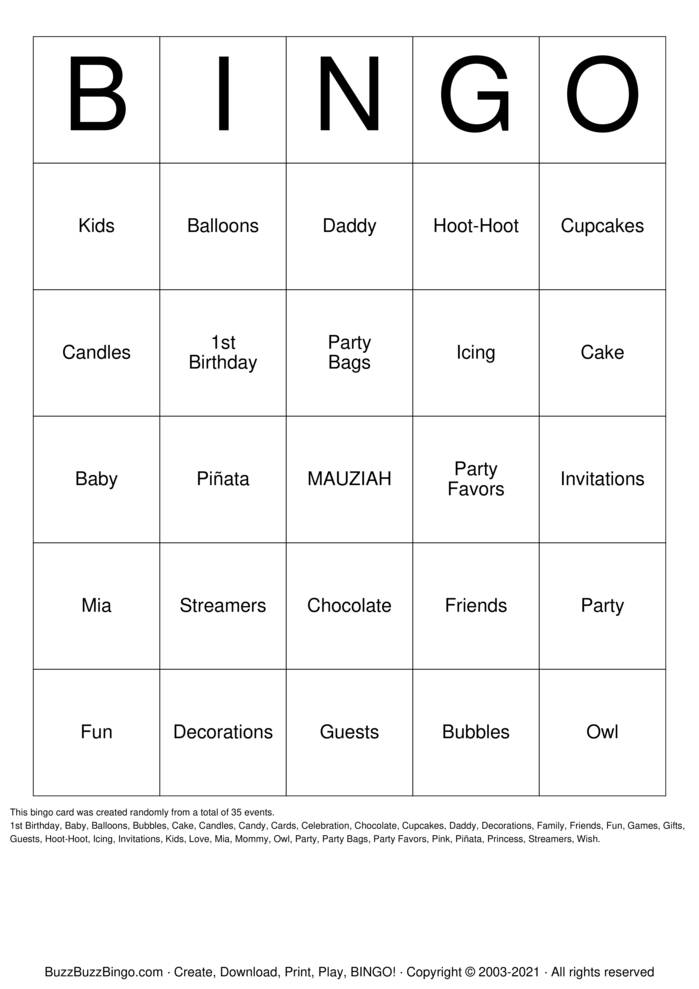 Download Free Happy 1st Birthday Mauziah Bingo Cards