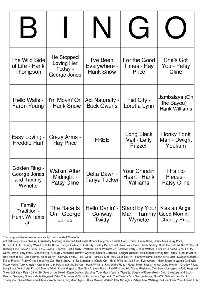 Download Free Honky Tonk Classics Top 50 Bingo Cards