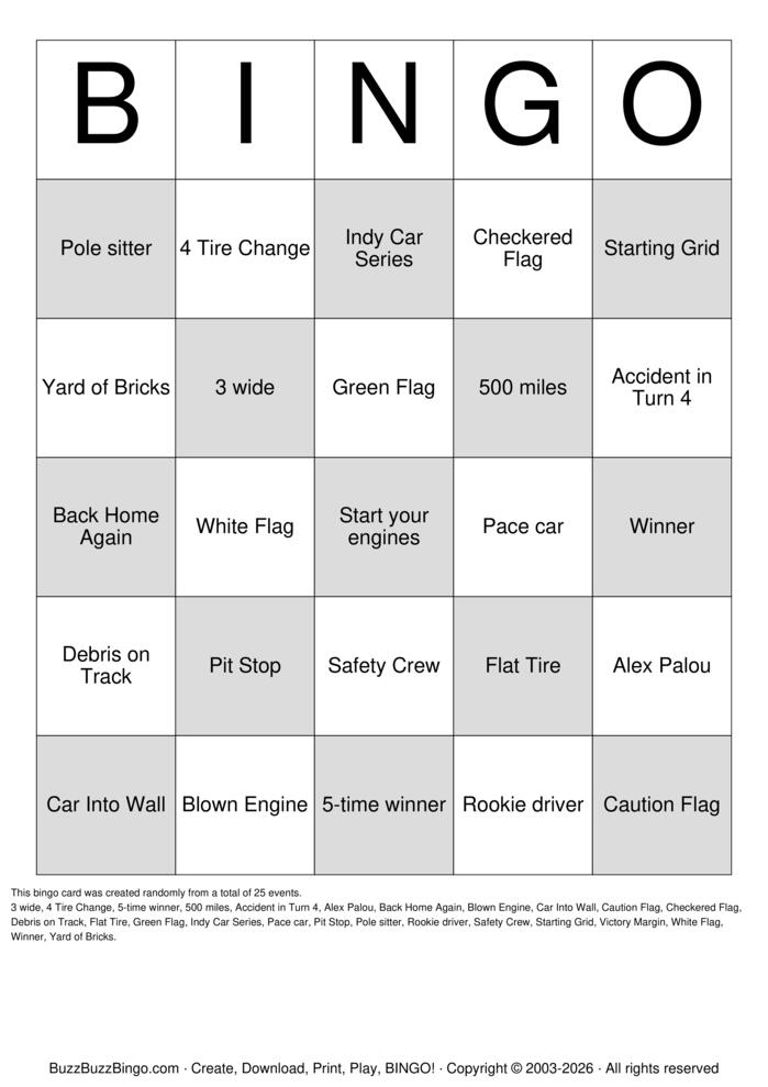 Download Free Indy 500 Bingo Cards