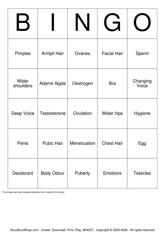 Download Free It's Puberty ! Bingo Cards
