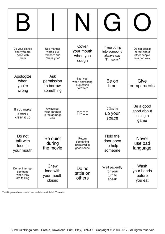 Manners Bingo Cards to Download, Print and Customize!