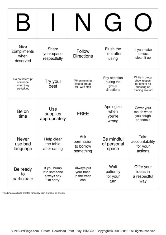 Manners Bingo Cards to Download, Print and Customize!