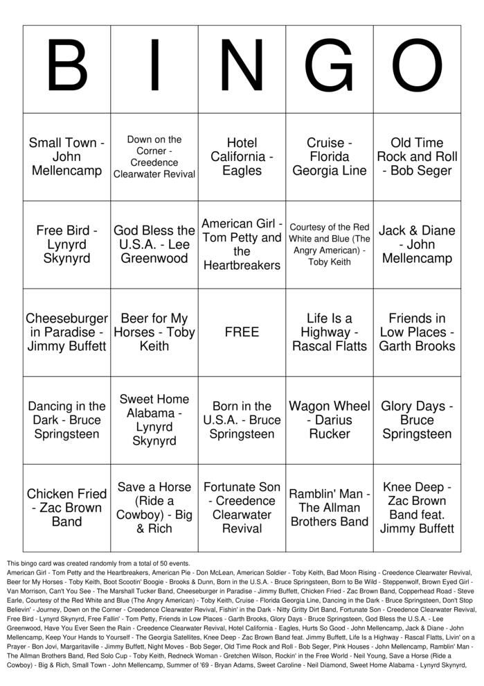 Download Free Memorial Day Cookout Songs Top 50 Bingo Cards