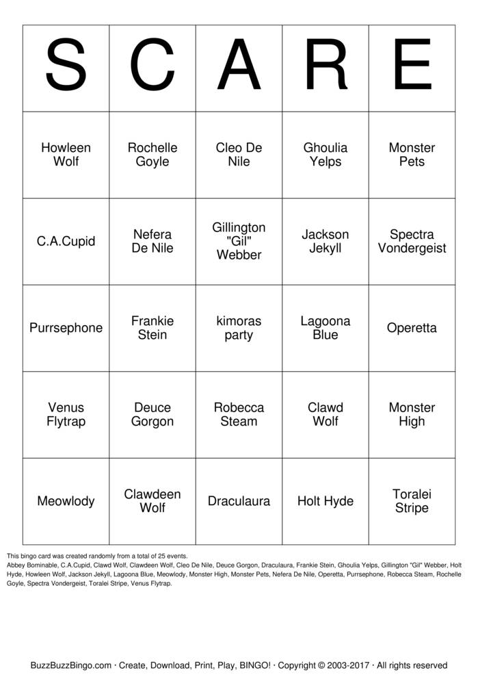 Monster High Bingo Cards to Download, Print and Customize!