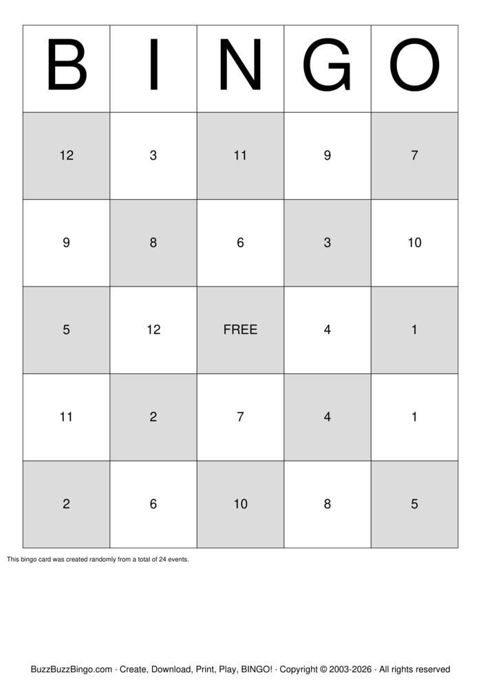 Download Free Numbers 1-12 Bingo Cards Download Free Numbers 1-12 Bingo Cards
