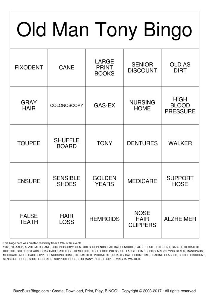 OVER THE HILL Bingo Cards to Download, Print and Customize!