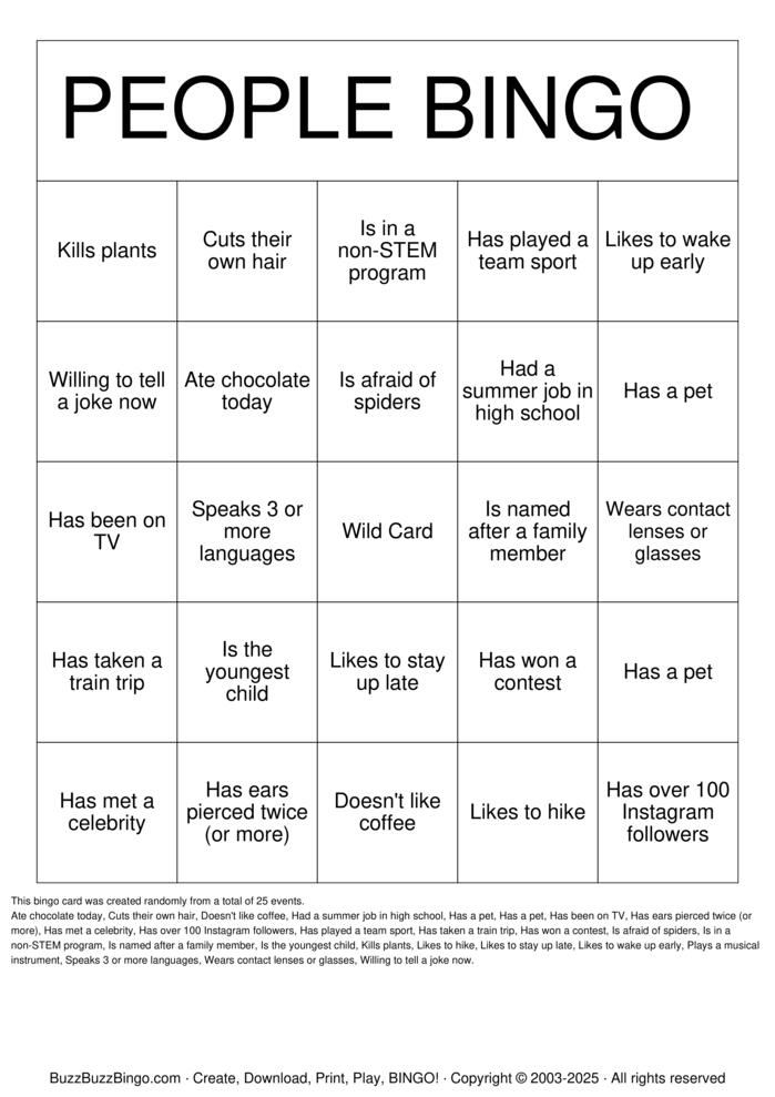 Download Free People Bingo Bingo Cards