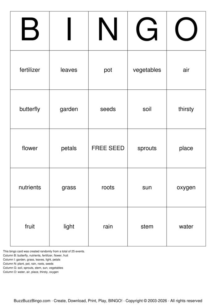 Download Free Plant Bingo Cards
