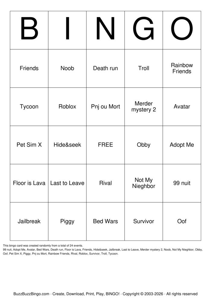 Download Free Roblox Bingo Bingo Cards