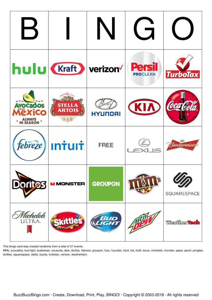 Super Bowl LII Commercial Bingo Bingo Cards to Download, Print and ...