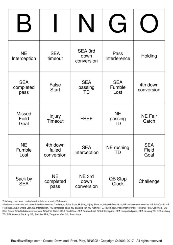 Download Free Superbowl Bingo Cards