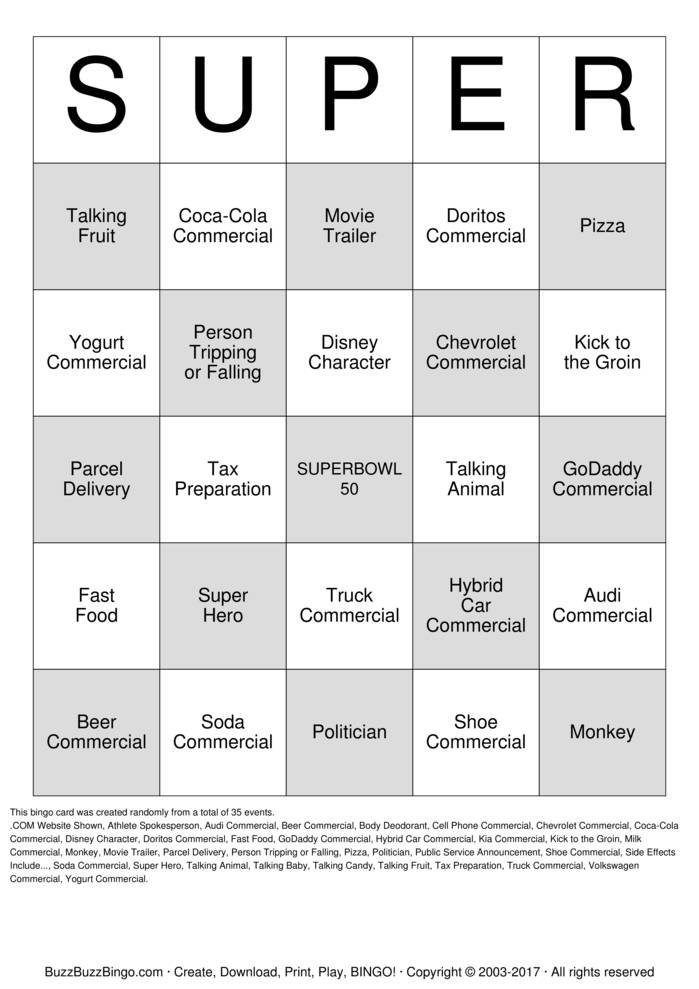Superbowl Commercials Bingo Cards to Download, Print and Customize!