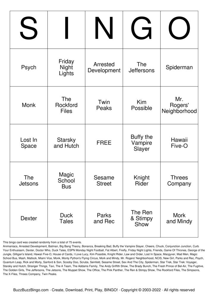 Download Free TV Shows Bingo Cards Download Free TV Shows Bingo Cards
