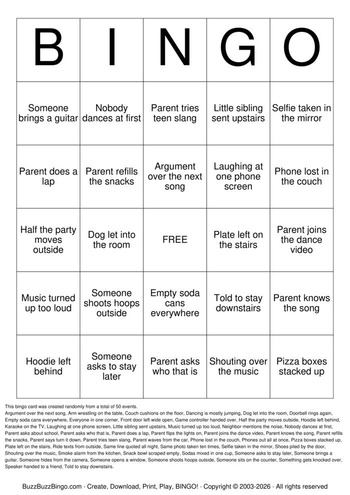 Download Free Teen Party Bingo Cards Download Free Teen Party Bingo Cards