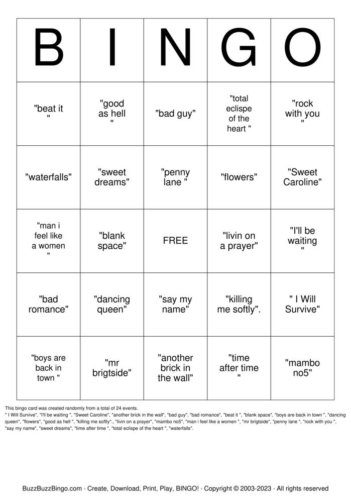 lyrical bingo Bingo Cards to Download, Print and Customize!