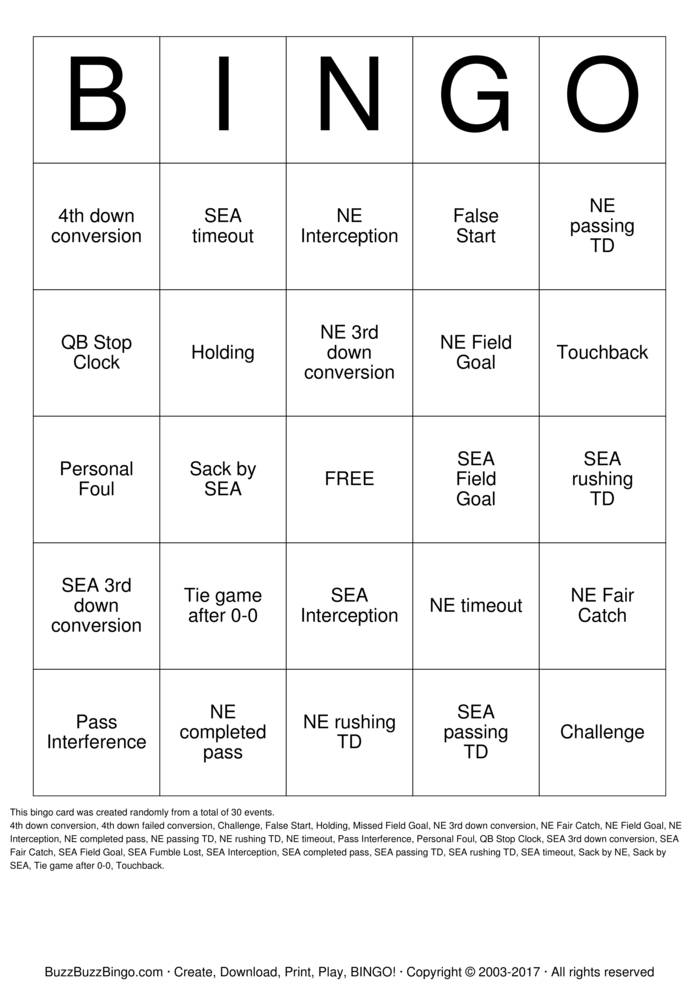 2015 Superbowl NE vs SEA Bingo Cards to Download, Print and Customize!