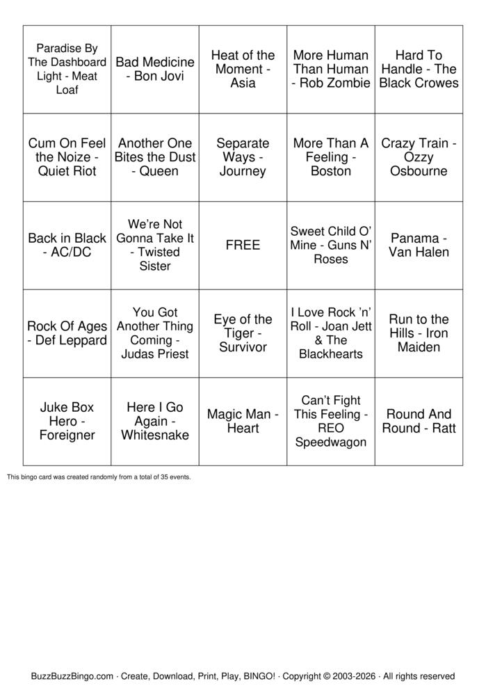 Download Free 80s Rock Anthems Bingo Cards Download Free 80s Rock Anthems Bingo Cards
