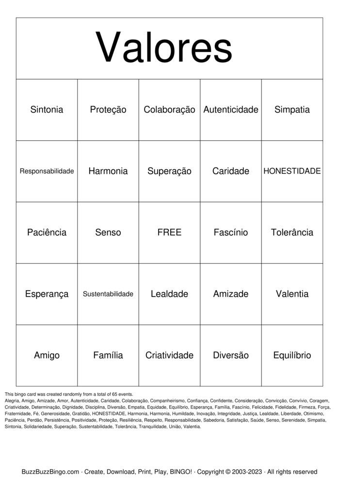 Download Free Bingo dos Valores Bingo Cards
