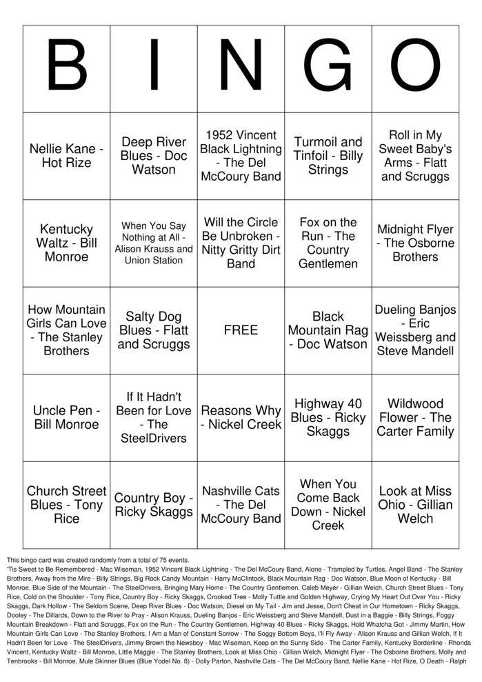 Download Free Bluegrass Standards Bingo Cards