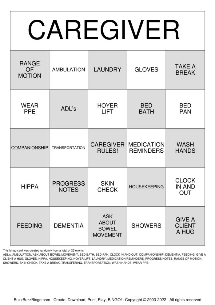 CAREGIVER Bingo Cards to Download, Print and Customize!