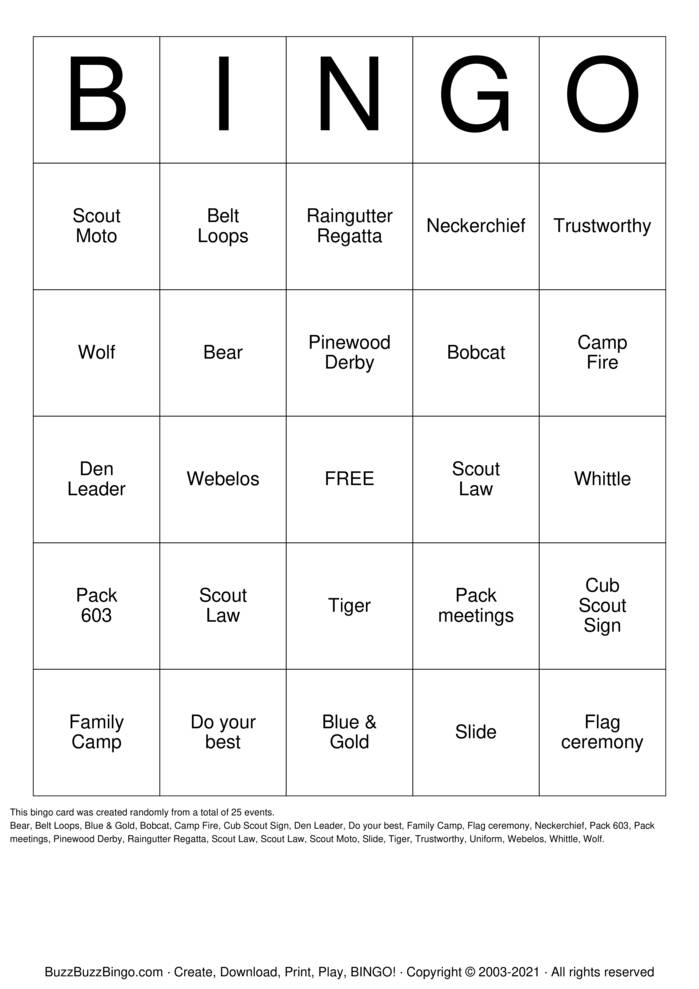 Download Free Cub Scouts Bingo Cards Download Free Cub Scouts Bingo Cards