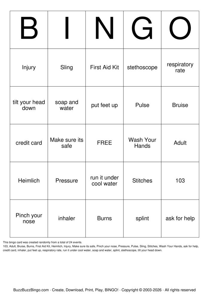 Download Free First Aid Bingo Bingo Cards