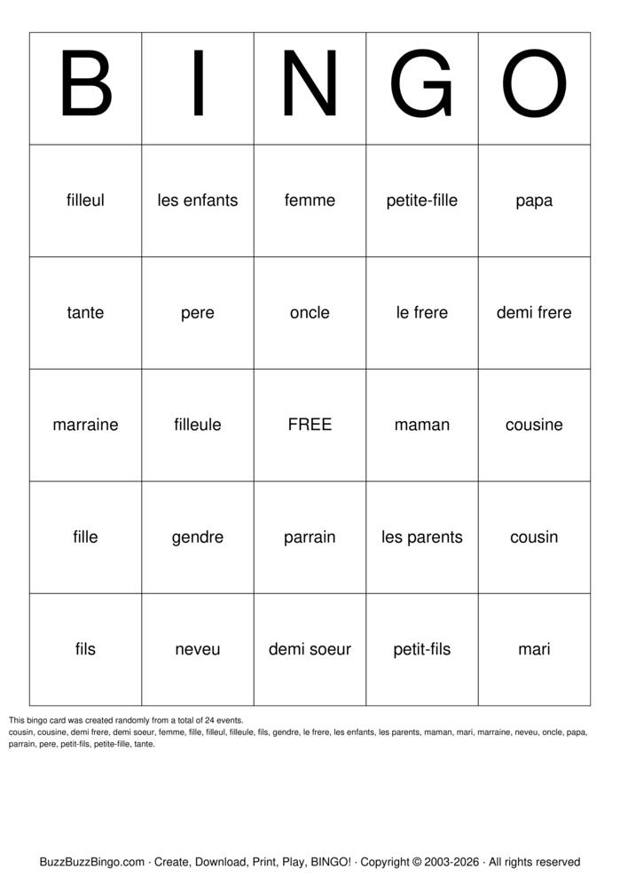 Download Free French Family Words Bingo Cards Download Free French Family Words Bingo Cards