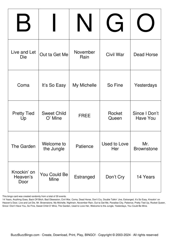 Download Free Guns N Roses Songs Bingo Cards