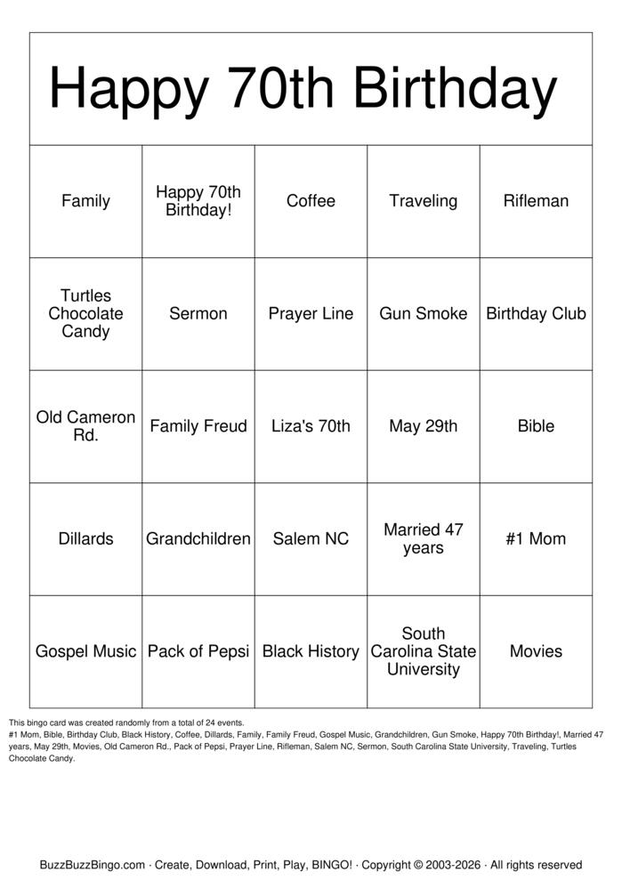Download Free Happy 70th Birthday! Bingo Cards Download Free Happy 70th Birthday! Bingo Cards