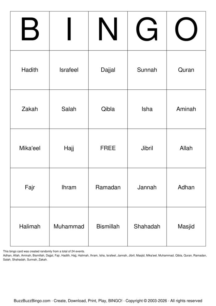 Download Free Islamic  Bingo Cards