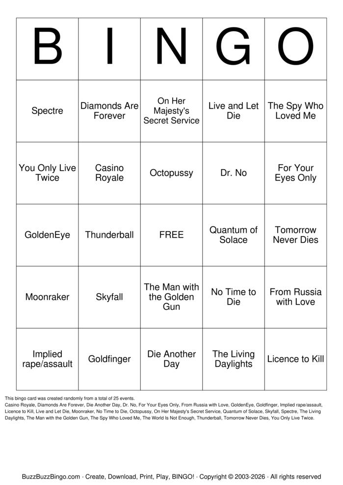 Download Free James Bond Movies Bingo Cards