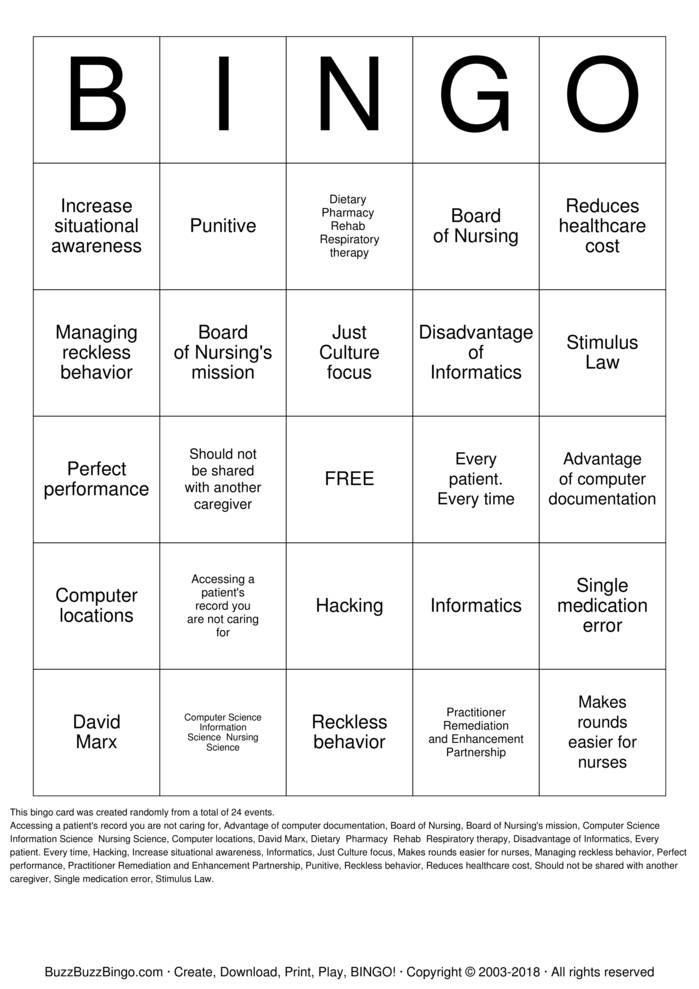 Download Free Just Culture and Informatics Bingo Cards