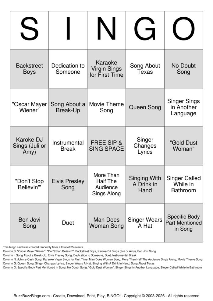 Download Free KARAOKE BINGO Bingo Cards