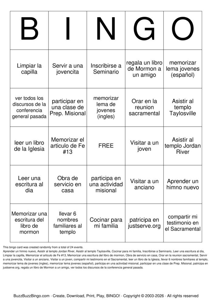 Download Free LDS YOUTH BINGO Bingo Cards Download Free LDS YOUTH BINGO Bingo Cards