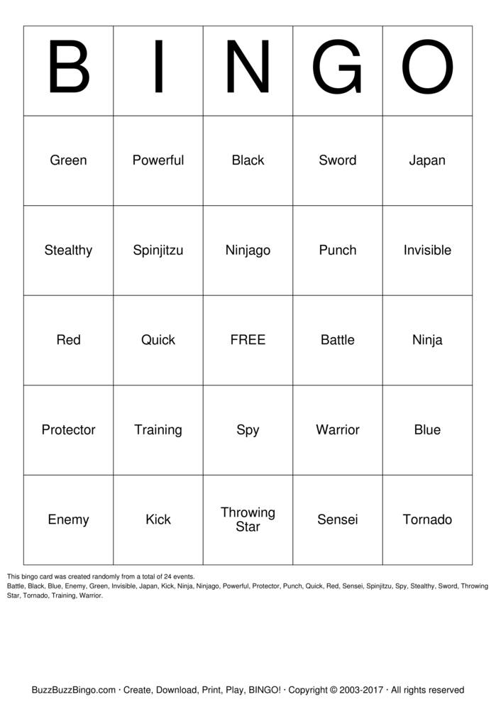 Download Free NINJA Bingo Cards