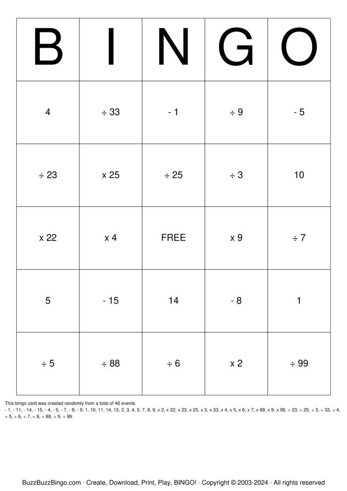 Opposite Operations Bingo Cards to Download, Print and Customize!