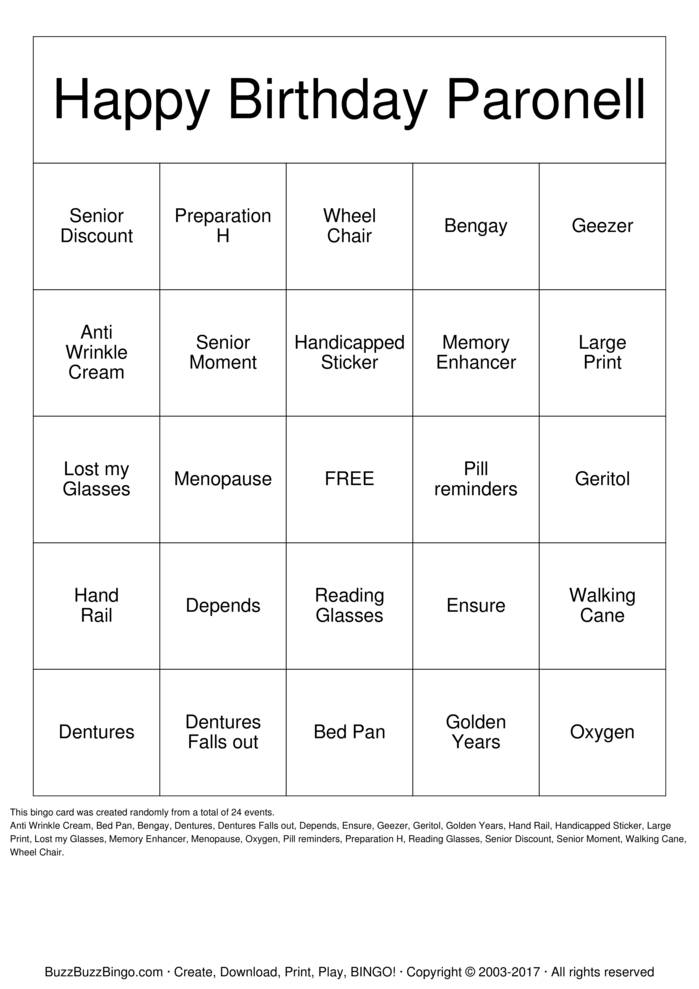 Over the Hill Bingo Cards to Download, Print and Customize!