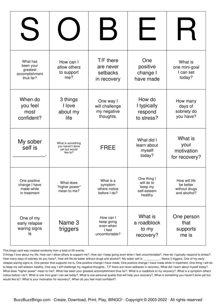 Recovery Bingo Cards to Download, Print and Customize!
