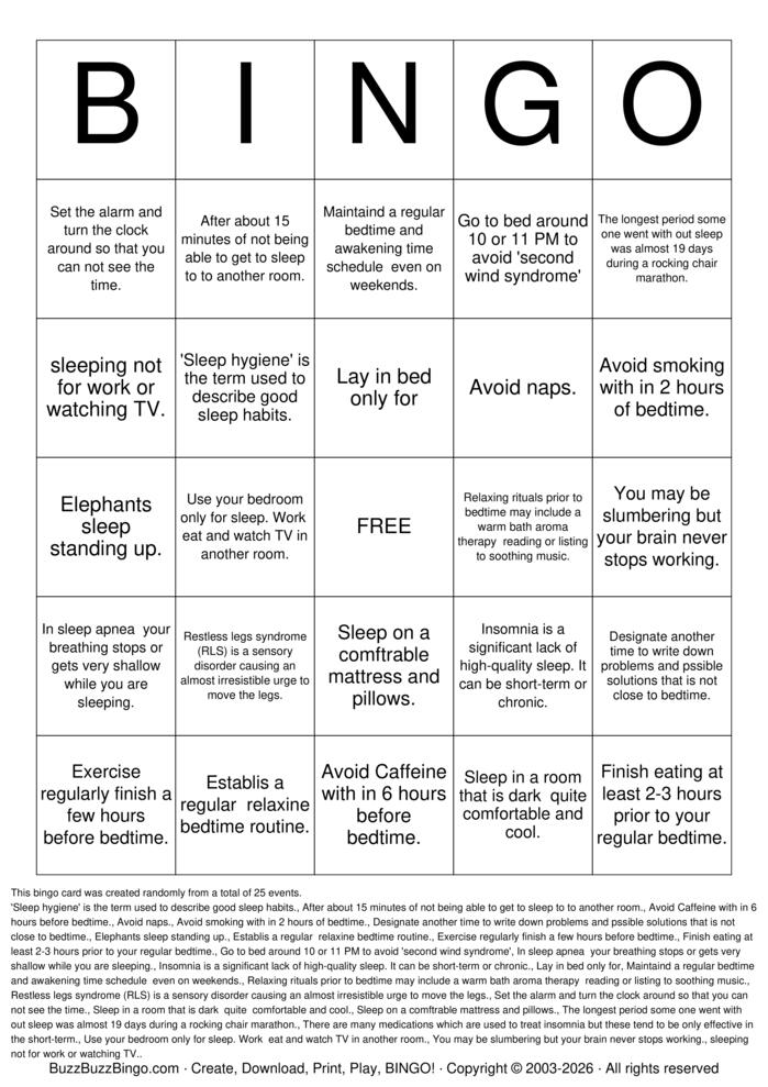Download Free SAFE Sleep BINGO Bingo Cards Download Free SAFE Sleep BINGO Bingo Cards