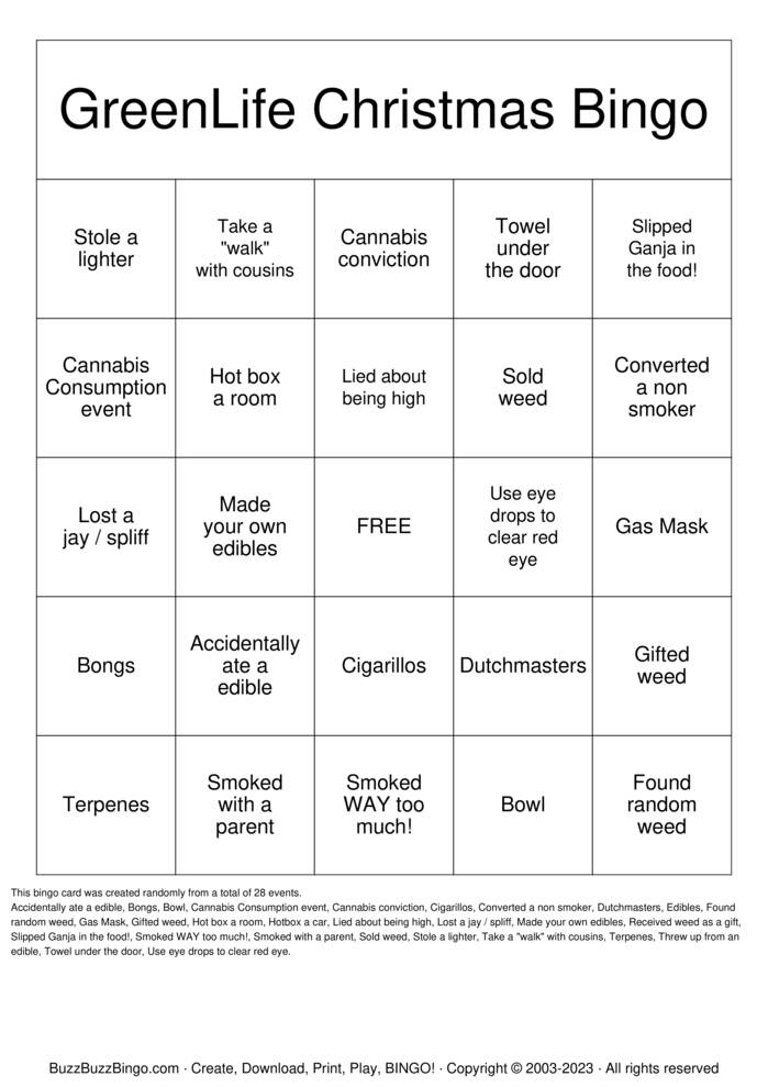 WOCC Cannabis Christmas Bingo Bingo Cards to Download, Print and Customize!