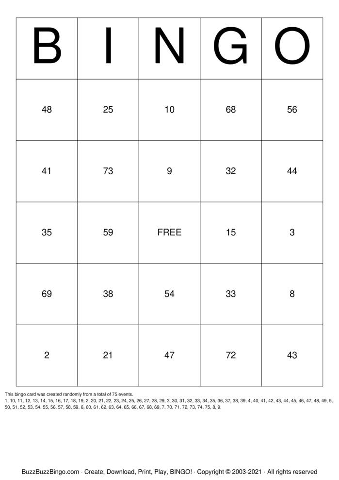 Download Free bingo card 1-75 Bingo Cards