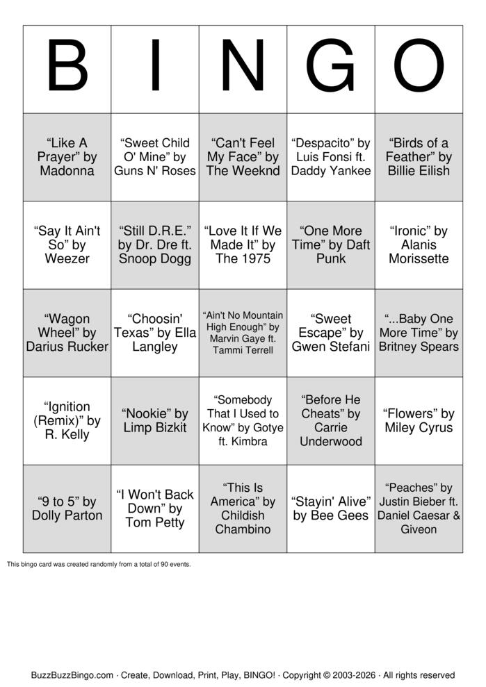 Download Free #1 Hits Music Bingo [2] Bingo Cards