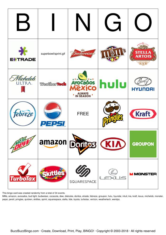 2018 Superbowl Commercial Logos Bingo Cards to Download, Print and ...