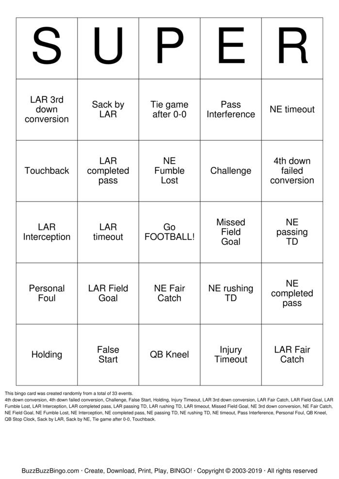 2019 Superbowl NE vs LAR Bingo Cards to Download, Print and Customize!