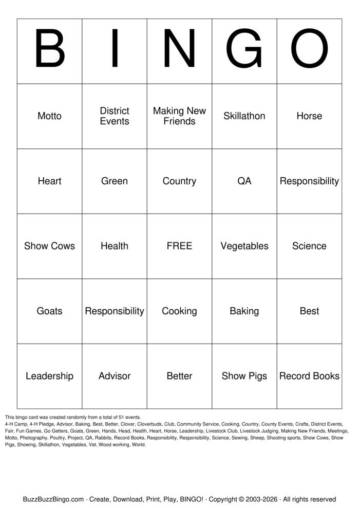 Download Free 4H Bingo Bingo Cards