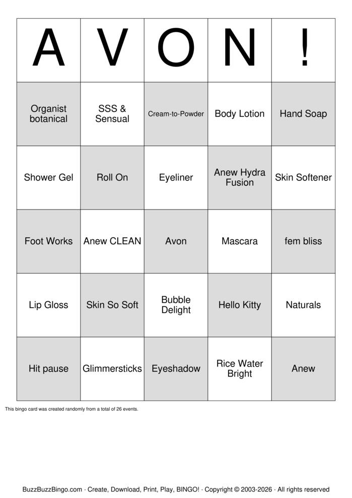 Download Free AVON Bingo Bingo Cards