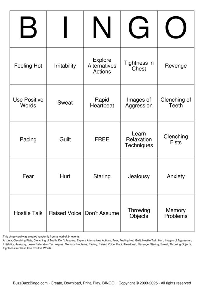 Download Free Anger Management Bingo Cards