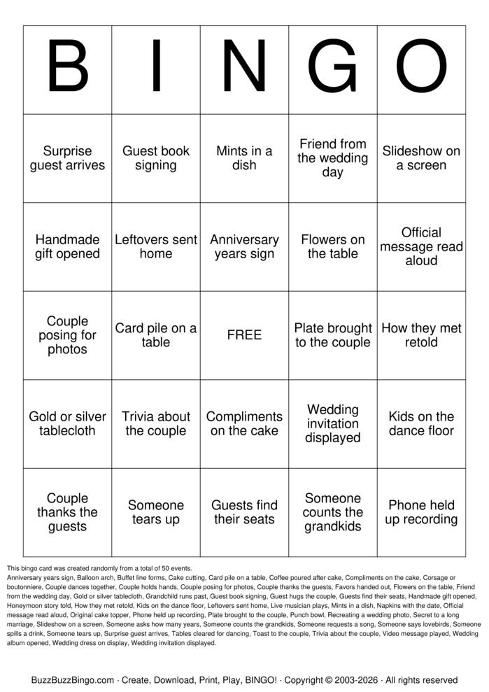 Download Free Anniversary Party Bingo Cards