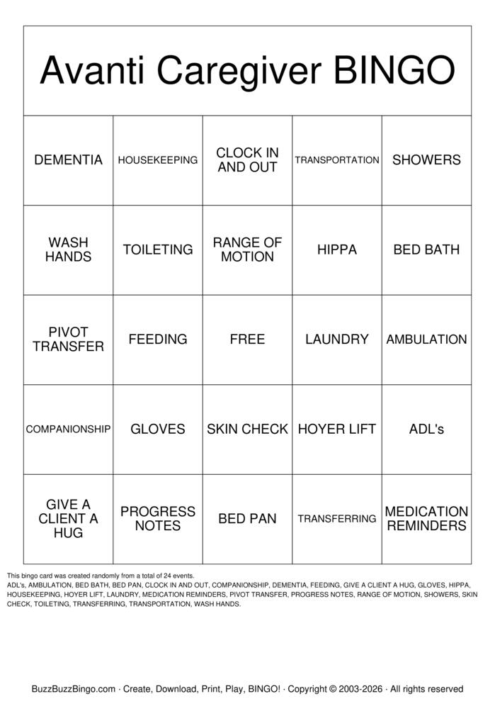 Download Free CAREGIVER Bingo Cards Download Free CAREGIVER Bingo Cards