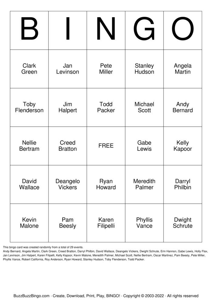 Download Free Characters from The Office Bingo Cards